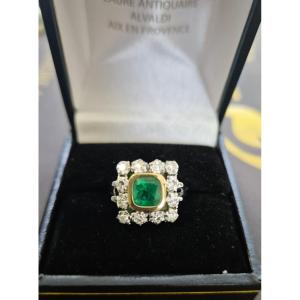 Square Diamond And Emerald Halo Ring