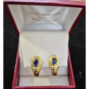 Vintage Earrings Yellow Gold Sapphire-diamonds