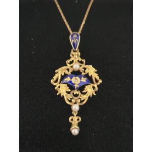 Yellow Gold, Blue Enamel And Fine Pearl Art Nouveau Antique Pendant