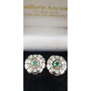 Platinum Floral Motif Earrings, Set With 0.50 Carat Emeralds, 1970s