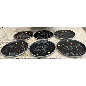 Series Of 6 Ceramic Plates Decorated With Stylized Fish, Signed Cerenne Pr., Ou Pierre.