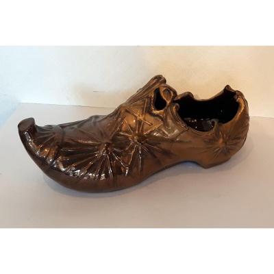 Clément Massier (vallauris 1844-golfe Juan 1917) - Sabot In Golden And Iridescent Barbotine