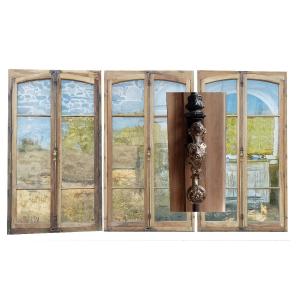 Old 19th Century Arched Windows Superb Cremone Espagneette Door Library Showcase