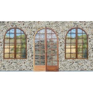 Set Of Large French Door And Two Old Arched Windows In Very Good Condition Orangery