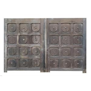2 Large Antique Oak Woodwork Panels Gate Doors Graphic Architectural Decor Shutter