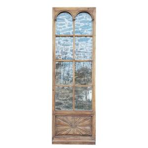 Antique 18th Century Glass Wood Door In Molded And Carved Walnut With Drape Decor