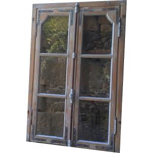Two Old 19th Century Oak Windows Complete With Frame And Ironwork Doors