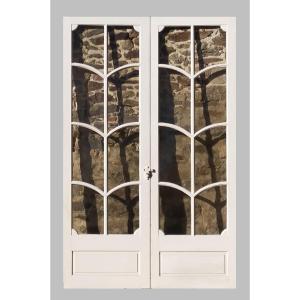 Antique Art Deco Style Double Glass Door In Oak