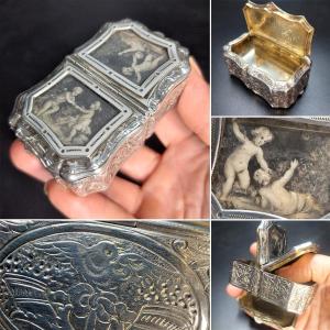 Pillbox / Snuff Box "under The Sign Of Love"... Silver And Grisailles 19th
