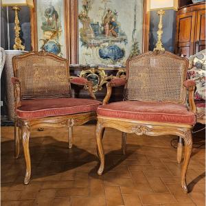 Pair Of Louis XV Period Cane Armchairs