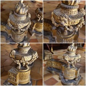 Pair Of Andirons In Gilt Bronze Louis XVI Period