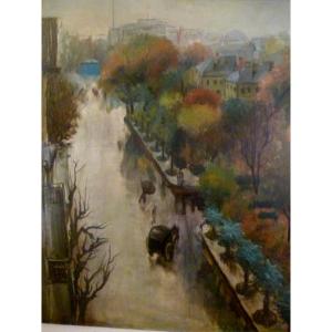 Large Painting View Of Paris 1900