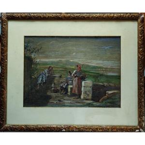 Jules Veyrassat (1828-1893) Young Basque Women At The Fountain. Basque School Of Barbizon, Millet