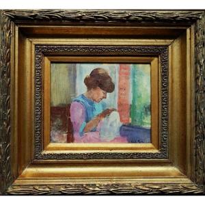 Paul Rue (1866-1954) His Wife At The Sewing Studio, Berry. School Of Crozant, Maillaud, Châteauroux...