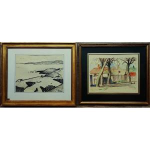 Gaston Balande (1880-1971) 2 Watercolors: Cliffs Of Lauzières And Aunis Estate. La Rochelle