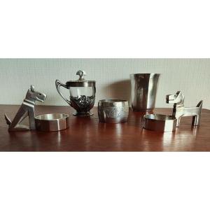 Gallia Christofle Silverware Set 1900-1925, Ric & Rac Rabier Sandoz Salt Cellars, Art Nouveau Deco