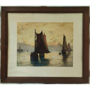 Henri Callot (1875-1956) Tuna Boats In The Port Of Ile d'Yeu. La Rochelle, Peintre De La Marine....
