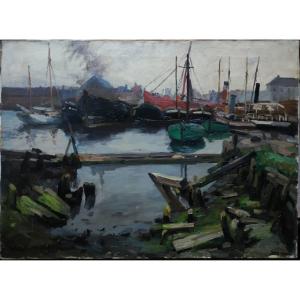 Gaston Haustrate (1878-1949) Port In Belgium 1906, Ostende.belgian Painter , Bruxelles, Claus..