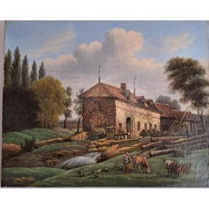 18th Century Painting. Animated Countryside Landscape Oil On Canvas