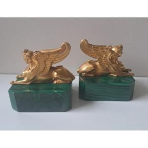 Pair Of Gilt Bronze Sphinxes On A Malachite Block By Odiot