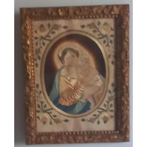 Engraving Dressed In Embroidery Which Presents The Virgin With The Child