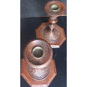 Pair Of Wooden Candle Holders In Wood Of Sainte-lucie 