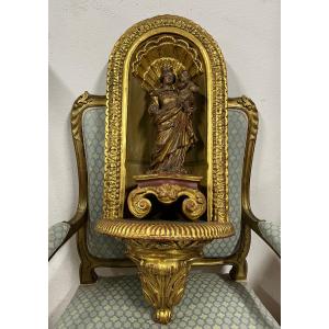 17th-century Baroque Style Carved Wooden Virgin And Child And Its Display Niche