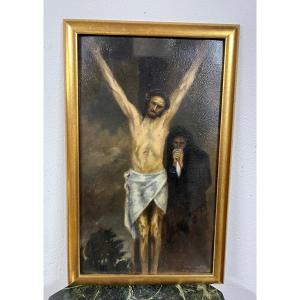 Oil On Panel "christ On The Cross" Victor Schmidt 1881-1966 