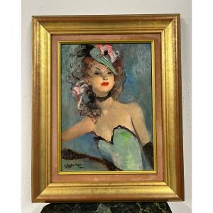 Oil On Panel "the Lady In Green" By Jean Gabriel Domergue 1889-1962