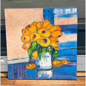 Bernard Gassmann: Oil On Canvas. Bouquet Of Yellow Tulips