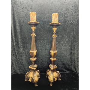 Pair Of Candlesticks, Carved And Polychrome Wooden Candle Holders From The 19th Century