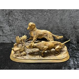 Pierre-jules Mêne: Large Bronze Sculpture. Hunting Dogs, 19th Century