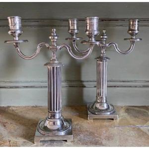 Pair Of Candlesticks, Candlesticks, Table Ends, Plated Bronze, Silver, Late 18th Century