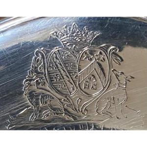 Large Dish, Silver, Contour Fillets, Coat Of Arms, Paris 1754