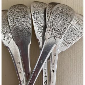 Set Of 6 Small Spoons, Silver, Case, Coat Of Arms, Paris 1757
