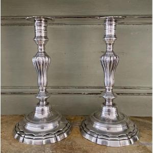Pair Of Candlesticks, Silver-plated Metal, 18th Century