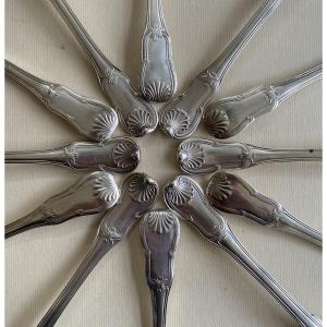 Eloi Guérin, Set Of 6 Flatware, Silver, Filet Violin Shells And Clasps