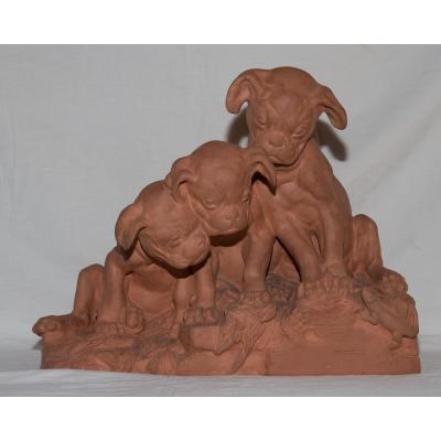 Terracotta "three Puppies" Signed Georges Lucien Vacossin Early Twentieth