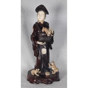 Okimono In Wood And Ivory, Meiji Period Japan