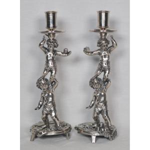 Pair Of Silver-plated Bronze Candlesticks Signed Alphonse Giroux Paris