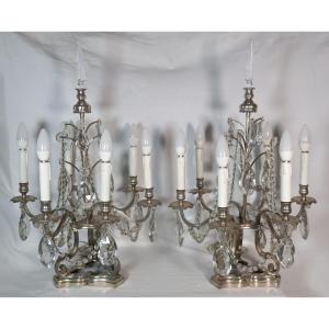 Pair Of Silver-plated Bronze Candelabras, Late 19th Century