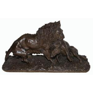 Bronze Lion Training A Wild Boar Christophe Fratin Dated 1836