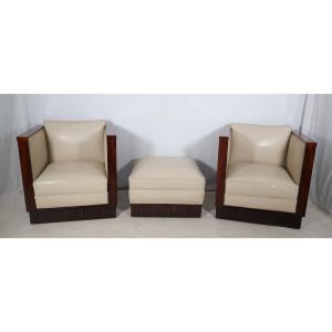 Pair Of Art Deco Armchairs And Pouf 