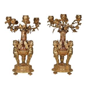 Pair Of Candelabra With Putti In Gilt Bronze And Marble, 19th Century