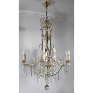 Twelve-light Chandelier In Gilt Bronze And Crystal, Late 19th Century