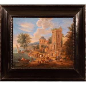 A Lively Port Village Scene, Attributed To Mathys Schoevardts, Flanders, 17th Century