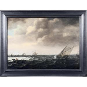 Lively Seascape With Ships In Heavy Weather, Attributed To Ludolf Backhuysen, 17th Century
