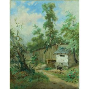 Old Painting 19th Landscape View Normandy Blay Calvados Signed Jardin Berville