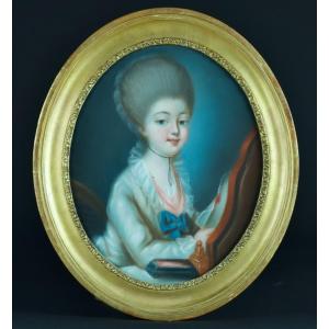 Old Pastel Painting Portrait Young Girl Louis XVI Costume Reading Dressing Table Oval Frame