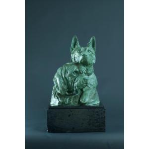 Irénée Rochard Old Large Bronze Group Dog Shepherd Briard Art Deco 60 Cm